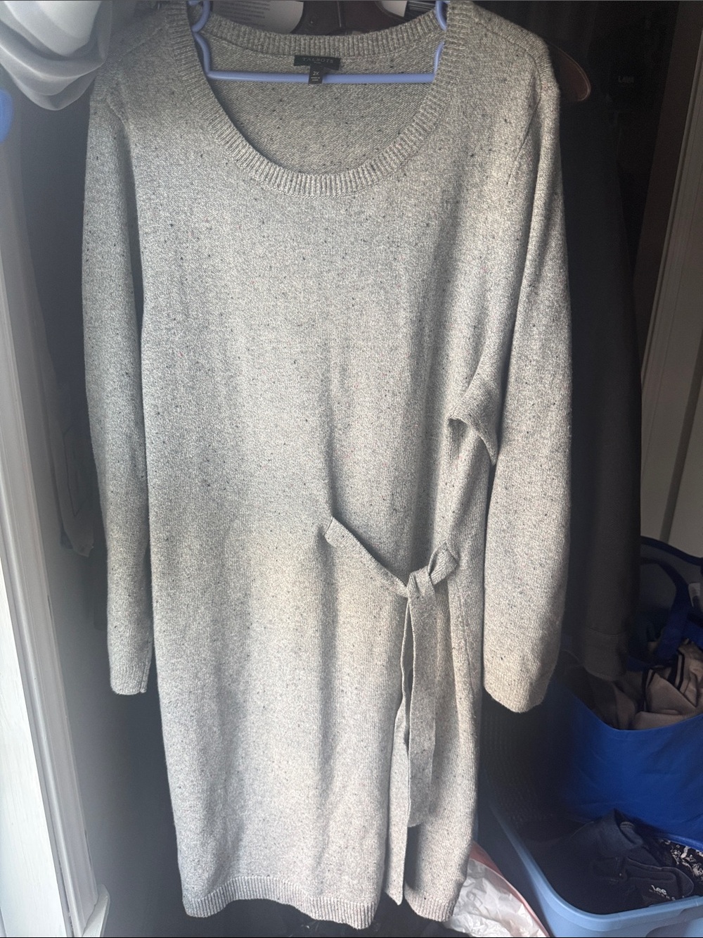 Light Gray Scoop-Neck Tie-Waist Sweater Dress